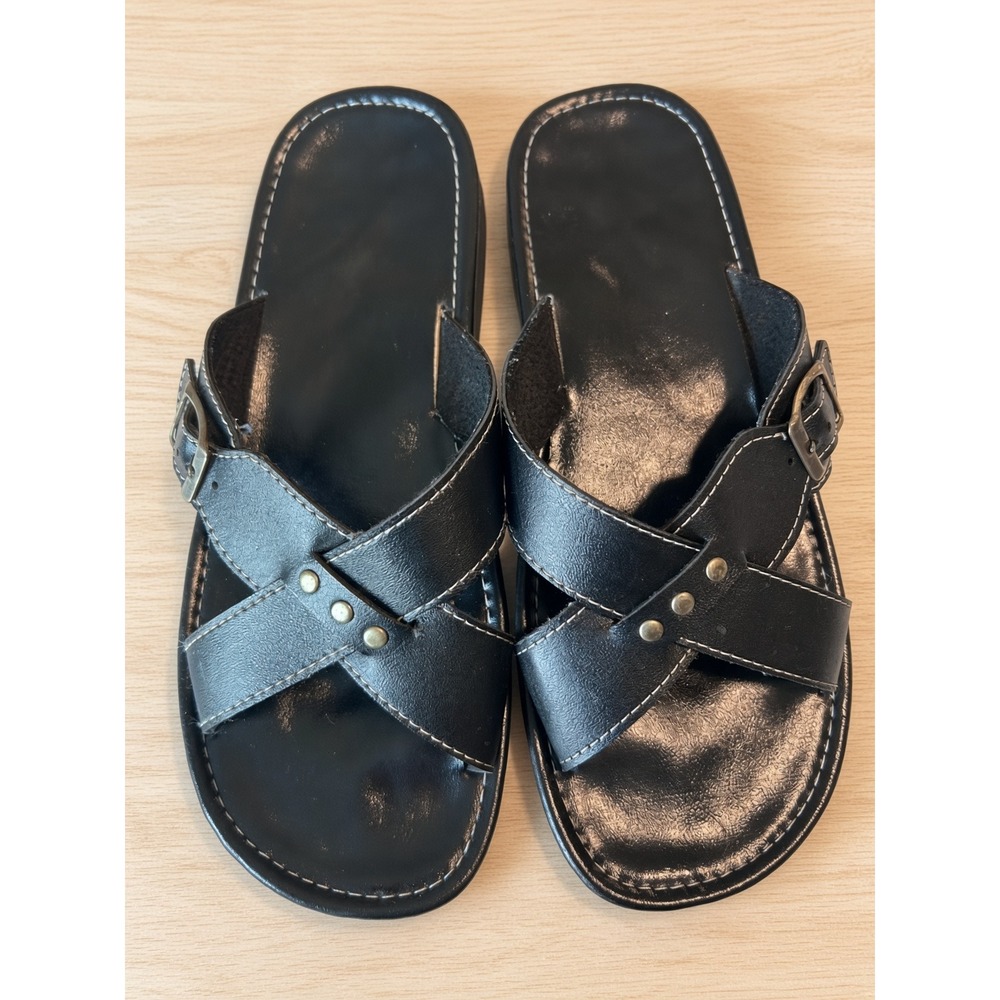 Black Faux Leather Criss Cross Studded Slide Sandals Buckle EU 40 Taiwan